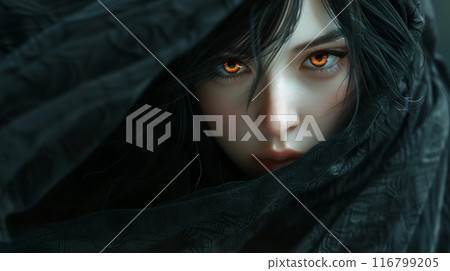 一個橙色眼睛的女巫從黑色斗篷中窺視 一個橙色眼睛的女巫從黑色斗篷中窺視 116799205