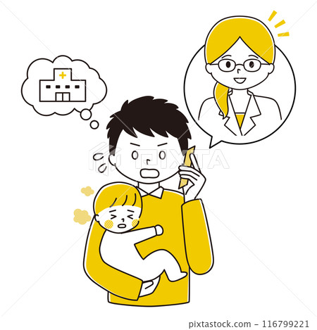 Illustration of a man consulting a medical professional over the phone about his child's poor health Illustration of a man consulting a medical professional over the phone about his child's poor health 116799221