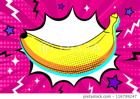 Comic background with banana in pop art style. Dynamic art decorated with stars and clouds. Bright banana fruit. Vector illustration Comic background with banana in pop art style. Dynamic art decorated with stars and clouds. Bright banana fruit. Vector illustration 116799247