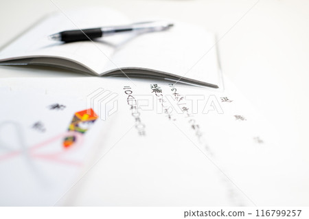 A handwritten resignation letter, a thank-you envelope, and a new schedule book prepared on a white desk A handwritten resignation letter, a thank-you envelope, and a new schedule book prepared on a white desk 116799257