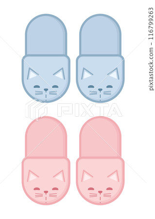 Pink and blue cat slippers. House slippers with cat face. Vector illustration 116799263
