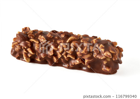 Chocolate waffle bar with caramel and peanuts isolated on white background 116799340