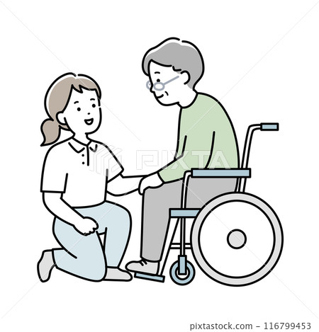 Illustration material of a female caregiver assisting an elderly man in a wheelchair 116799453