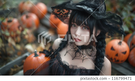 Japanese woman in a black dress cosplaying for Halloween Japanese woman in a black dress cosplaying for Halloween 116799471