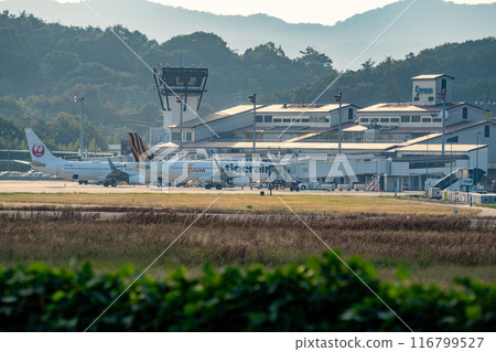 岡山桃太郎機場停放台灣虎航與日本航空的飛機 岡山縣岡山市北區2號 116799527