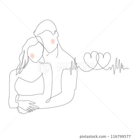 Continuous single line sketch drawing of romantic couple hugging together with love and hearts cardiogram symbol. One line art of embracing valentine couple romance concept vector illustration. Continuous single line sketch drawing of romantic couple hugging together with love and hearts cardiogram symbol. One line art of embracing valentine couple romance concept vector illustration. 116799577