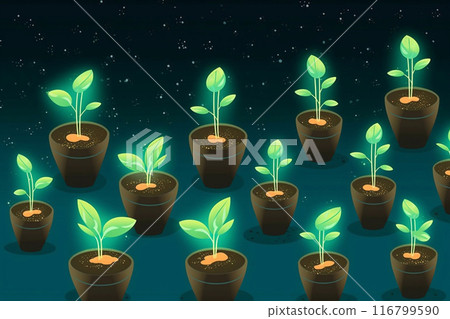 Seedlings in pots. Background with seedlings. Germinating ideas. 116799590