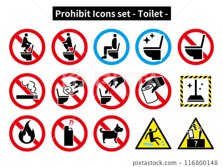 Toilet-related "prohibited", "caution", and "warning" icon set Toilet-related "prohibited", "caution", and "warning" icon set 116800148