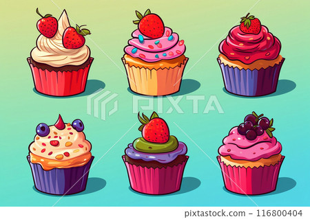 Set of cartoon cupcakes. Homemade desserts. 116800404