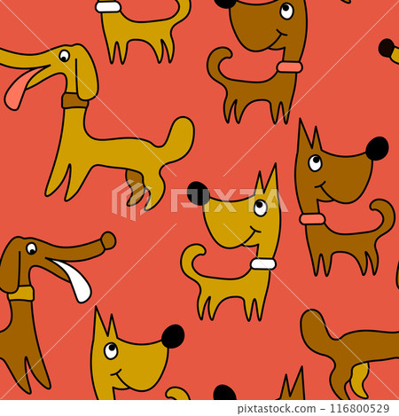 Vector seamless repeating childish pattern with cute dogs in Scandinavian style. Animals background with dog, pets, puppy for invitation, poster, card, flyer, textile, fabric 116800529