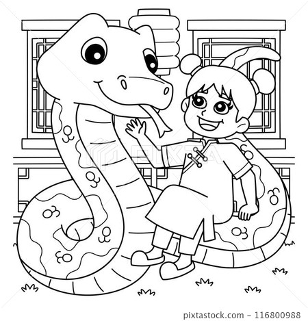 Year of the Snake with Chinese Girl Coloring Page  116800988
