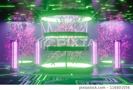 3D rendering of trees with glowing lights in futuristic area 116801056