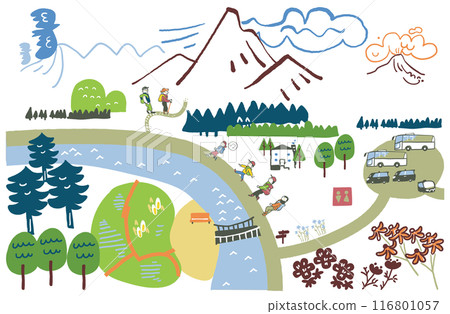Scenic mountain climbing stop map development style stock illustration material 116801057