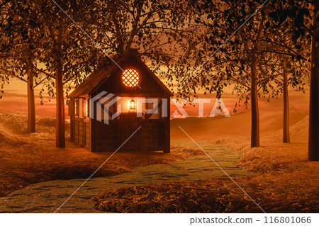 3D rendering of illuminated wooden cottage in forest at sunset 116801066
