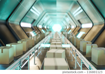 Carton boxes moving on conveyors at futuristic warehouse. 3d render 116801123
