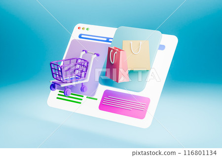 3D render of online shopping site with cart and paper bags 3D render of online shopping site with cart and paper bags 116801134