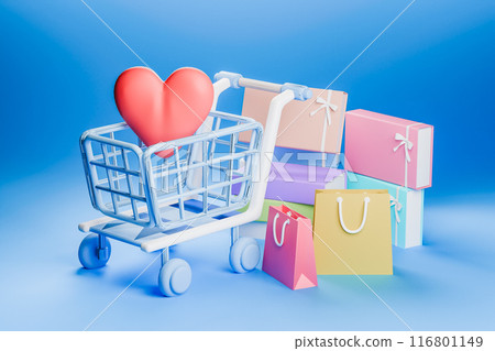 3D render of shopping cart with heart and gift boxes 116801149