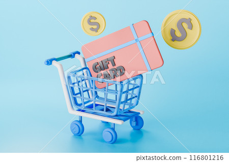 3D render of gift card in online shopping cart 3D render of gift card in online shopping cart 116801216
