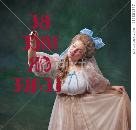 Portrait of beautiful young woman in period attire painting text be mine or leave against vintage green background. Personal boundaries Portrait of beautiful young woman in period attire painting text be mine or leave against vintage green background. Personal boundaries 116801227