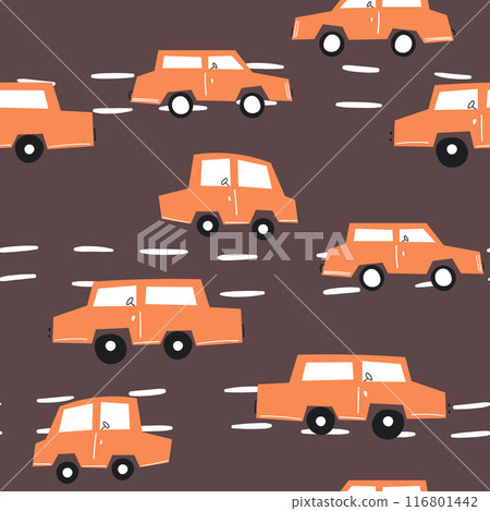 Seamless pattern with cute car on color background. Cartoot transport. Vector illustration. Doodle style. Design for baby print, invitation, poster, card, fabric, textile Seamless pattern with cute car on color background. Cartoot transport. Vector illustration. Doodle style. Design for baby print, invitation, poster, card, fabric, textile 116801442