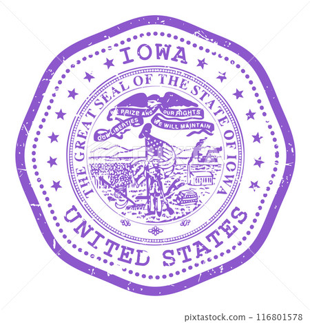 Iowa state stamp with seal, USA travel stamp, shabby postmark of Iowa, vector Iowa state stamp with seal, USA travel stamp, shabby postmark of Iowa, vector 116801578