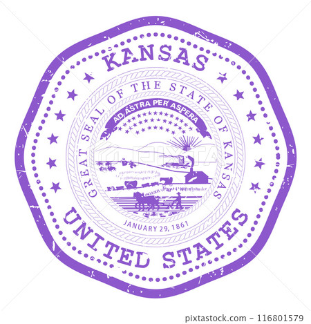 Kansas state stamp with seal, USA travel stamp, shabby postmark of Kansas, vector 116801579