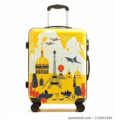 Yellow suitcase standing against white background for travel and tourism Yellow suitcase standing against white background for travel and tourism 116801994