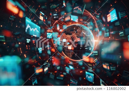 Digital network surrounding earth globe showing global connectivity and data flow 116802002