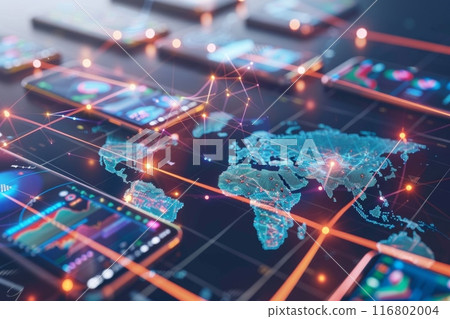 Global network connecting smartphones with world map and data flowing 116802004