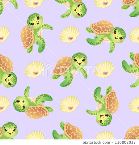 Seamless pattern with cute smiling green turtle floating with shells on a light purple background. Vector illustration 116802032