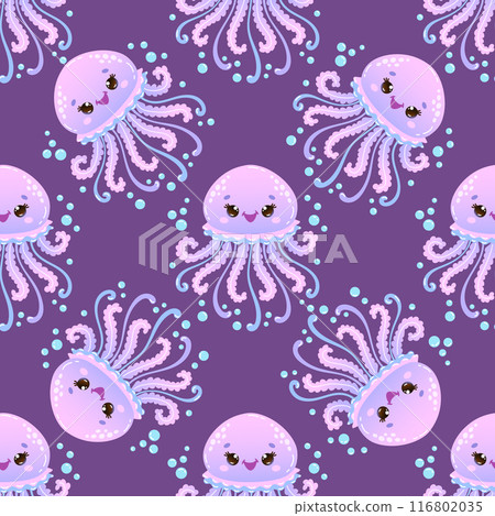 Seamless pattern with cute smiling jellyfish floating among bubbles on a dark purple background. Vector illustration 116802035