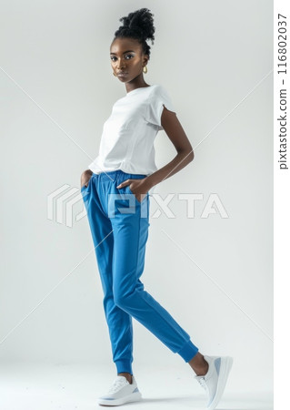 Confident young black woman posing with hands in pockets 116802037