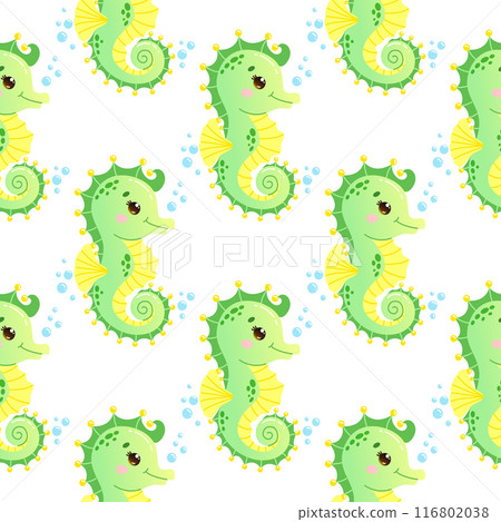 Vector seamless pattern featuring adorable green and yellow seahorses with bubbles on a white background.  116802038