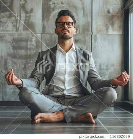 Businessman wearing suit sitting in lotus pose meditating in office 116802039
