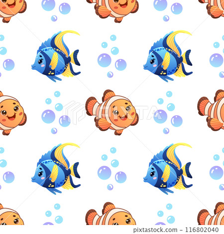 Vector seamless pattern featuring adorable blue and orange fish with bubbles on a white background.  116802040