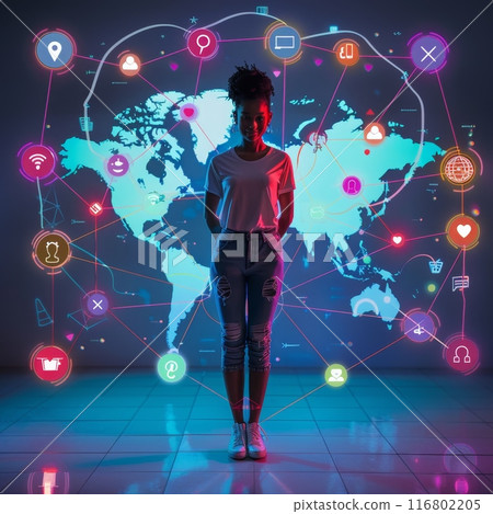 Young woman standing with interactive global social media network 116802205