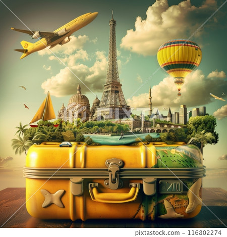 Yellow suitcase embracing famous world landmarks representing travel and tourism 116802274