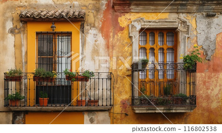 Frontal view of the openwork balconies of the Mediterranean old town. Generative AI 116802538