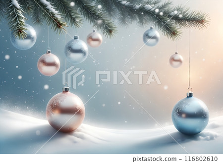 New Year's festive ball in the snow, isolated on a blue background. New Year card 116802610