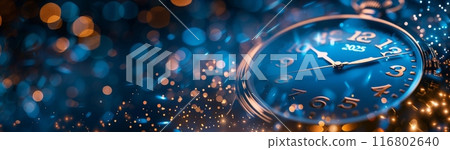 New Year's Eve celebration background with 2025 clock and festive bokeh lights 116802640