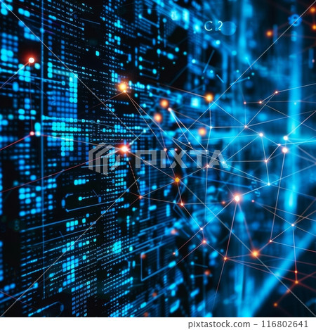 Abstract technology background with big data code connecting with lines and dots 116802641