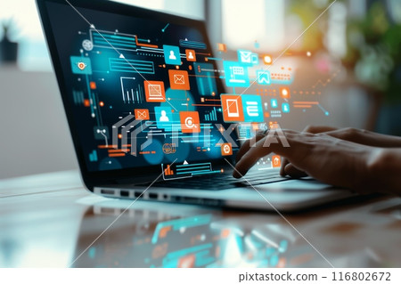 Businessman working with laptop and hologram screen showing social media structure 116802672