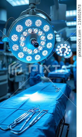 Surgical lamp illuminating operating room during surgery 116802678