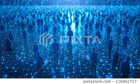 Crowd of people standing on network grid with data flowing around them Crowd of people standing on network grid with data flowing around them 116802737