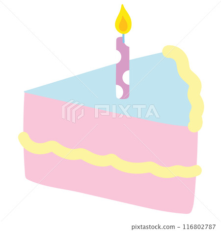 Pastel illustration of cake slice with candle for sweet dessert, bakery, pastry, birthday party, cafe, restaurant, menu, recipe, baking elements, logo, icon, sticker, grocery shopping, brunch, patches Pastel illustration of cake slice with candle for sweet dessert, bakery, pastry, birthday party, cafe, restaurant, menu, recipe, baking elements, logo, icon, sticker, grocery shopping, brunch, patches 116802787