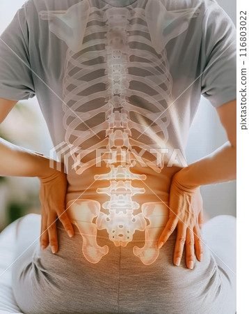 Woman suffering from back pain with skeleton showing through skin Woman suffering from back pain with skeleton showing through skin 116803022