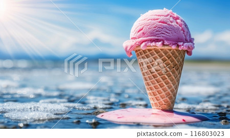 Strawberry ice cream cone melting under the summer sun 116803023
