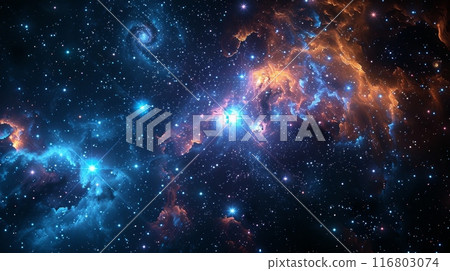 Colorful nebula clouds are shining in the galaxy with bright stars 116803074