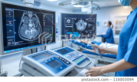 Medical team is working with a brain scanner in a modern hospital operating room 116803094