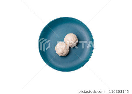 Delicious healthy steamed chicken cutlets or minced meatballs 116803145